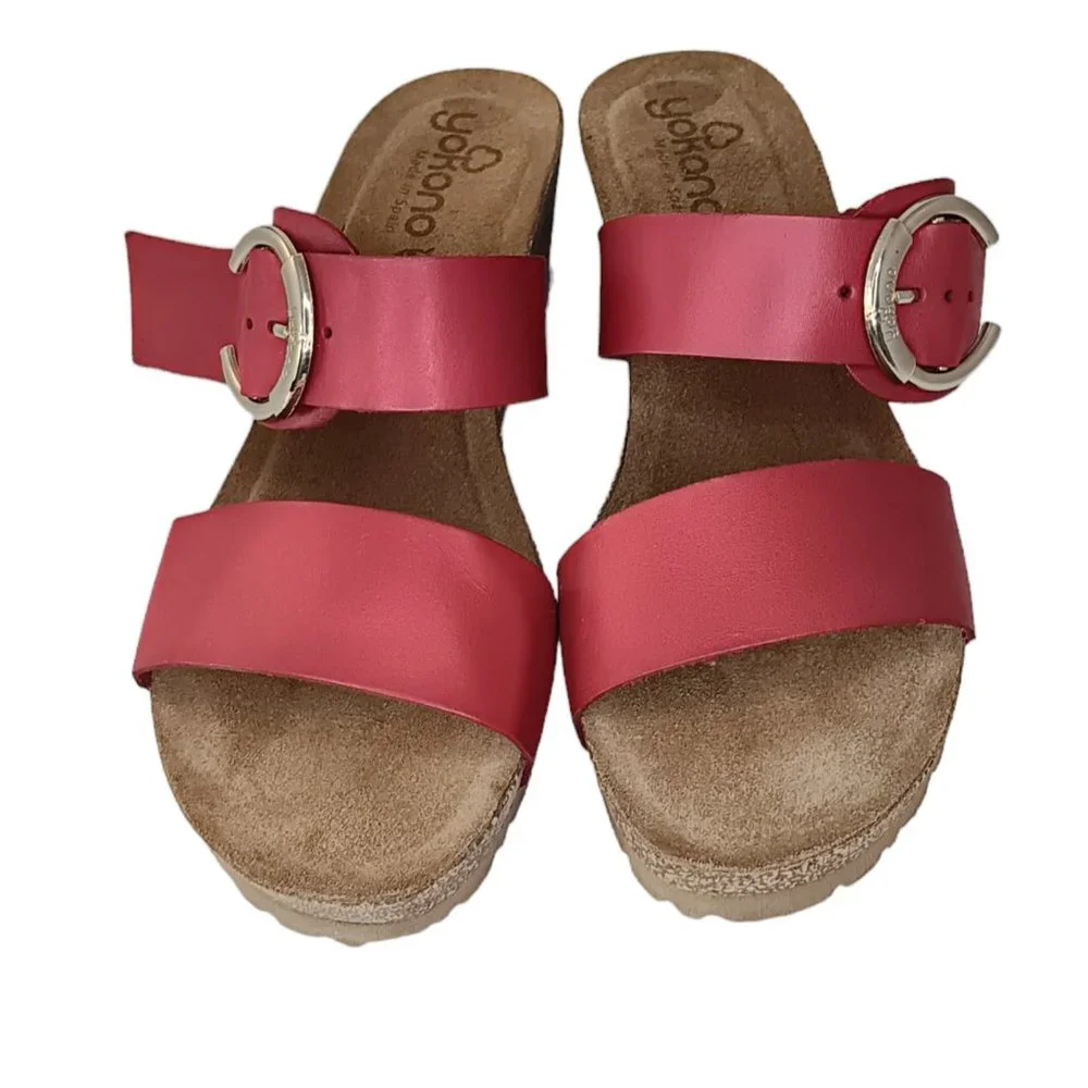 Yokono Red Leather Double Strap Wedge Shoes Women's SZ 9